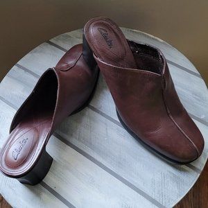 Clarks Mules Brown Leather Slip On Clogs Block Heel Shoes 74483 Women's Size 10